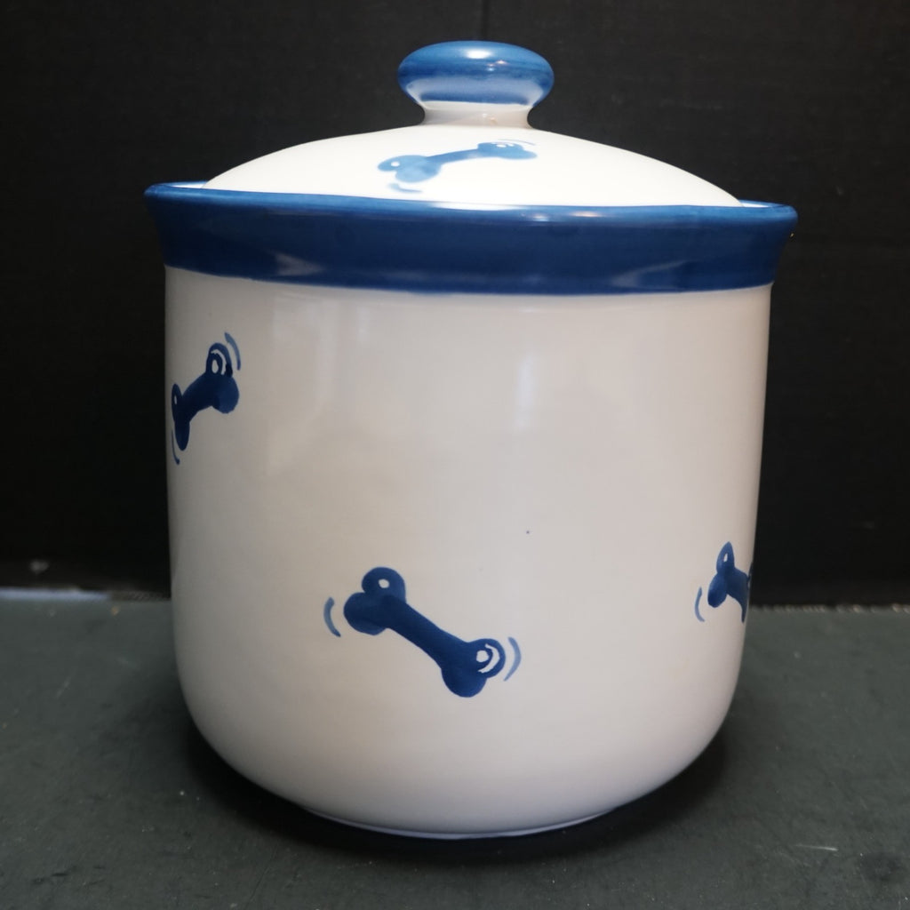 Lillian Vernon Blue White Hand Painted Dog Treat Jar Stoneware