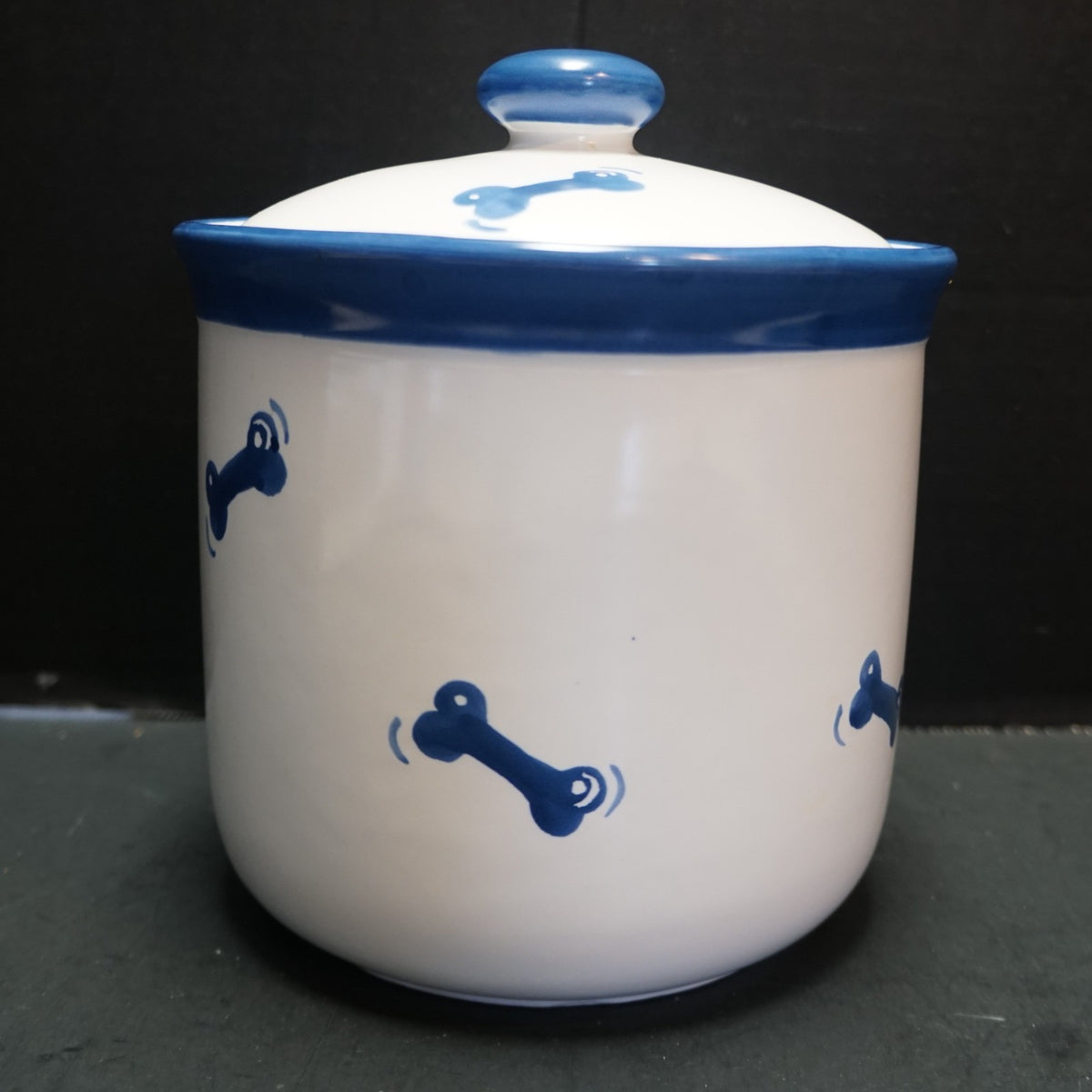 Lillian Vernon Blue White Hand Painted Dog Treat Jar Stoneware