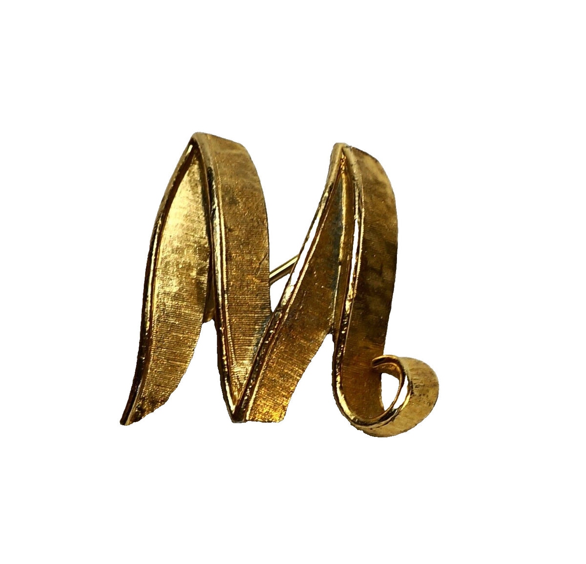 Crown Trifari M or W Initial Brushed Gold Tone Pin Brooch