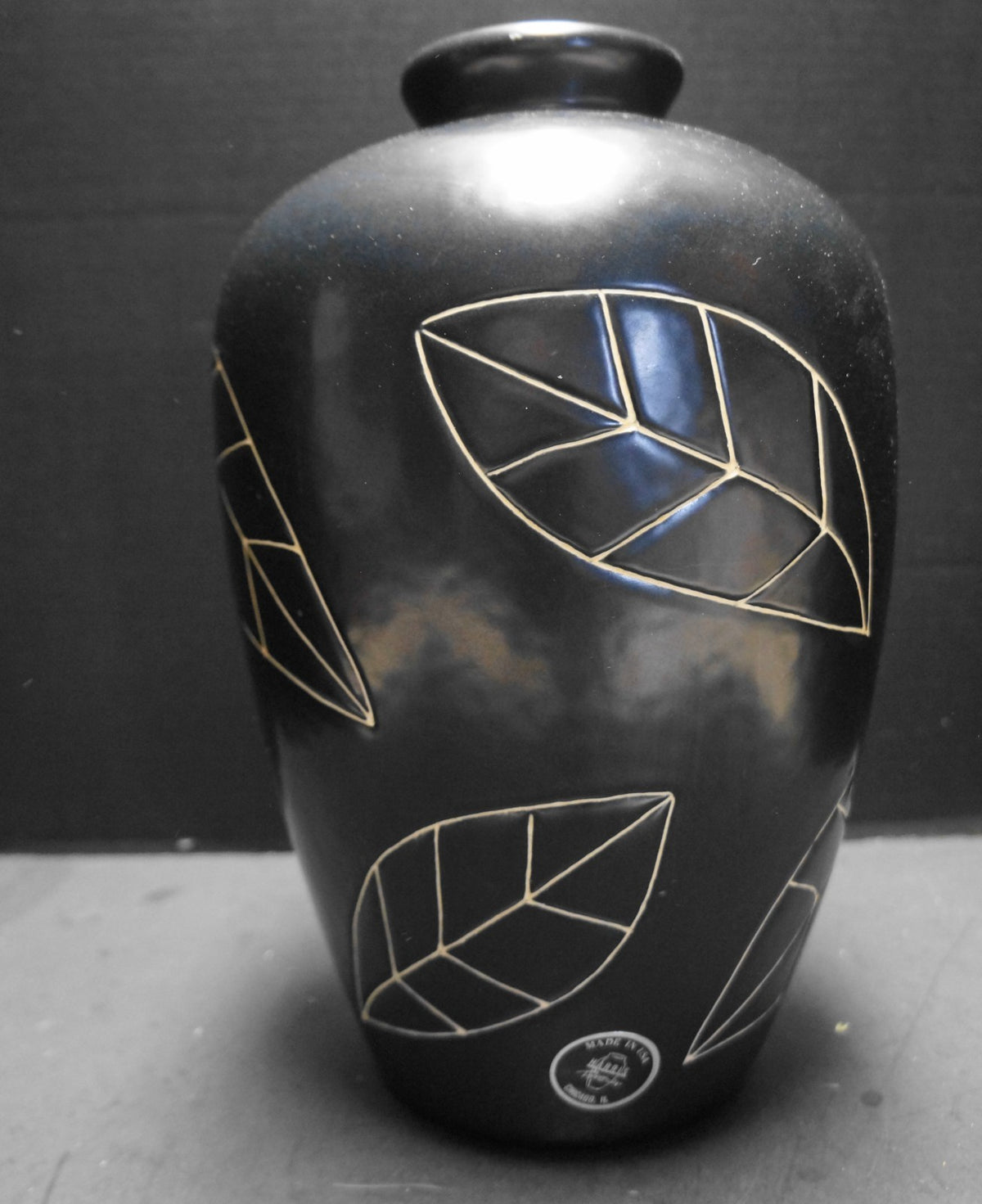 Harris Potteries Black Large 13" Table Vase Cream Incised Leaves