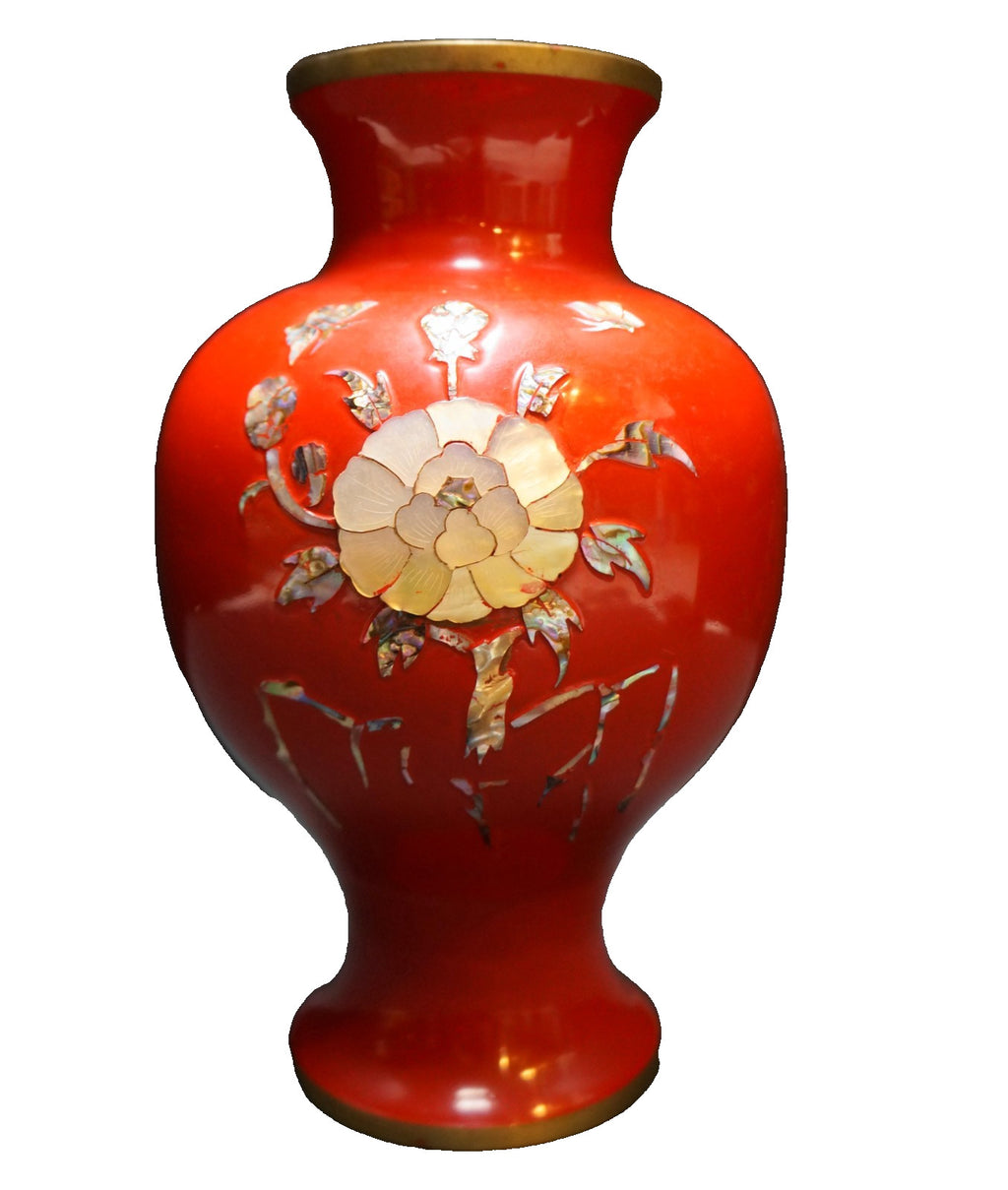 Red Enamel Over Brass Mother of Pearl Abalone Inlay Flower Vase Korea