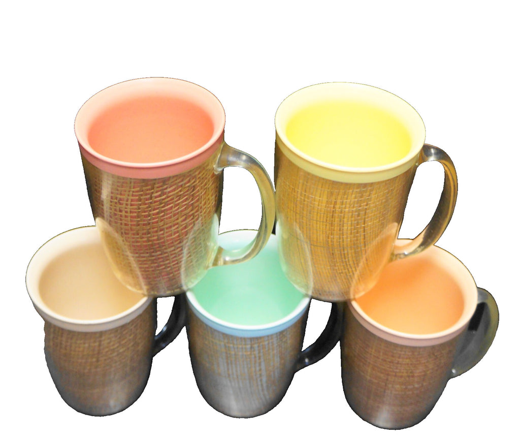 Raffia Ware Burlap Thermo Insulated Mugs Set of 5 Pink Yellow Green Peach Beige