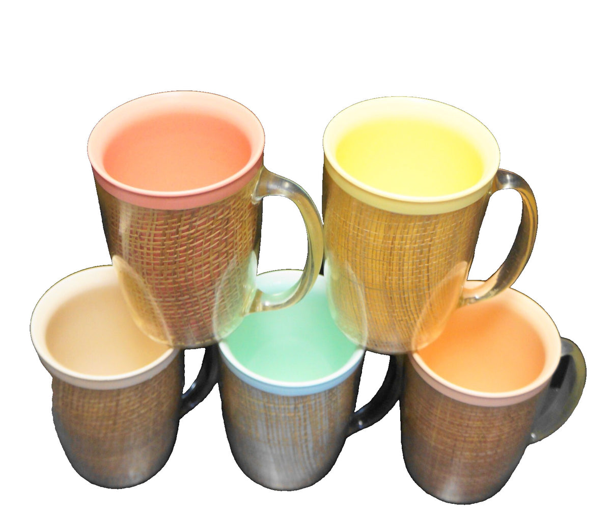 Raffia Ware Burlap Thermo Insulated Mugs Set of 5 Pink Yellow Green Peach Beige