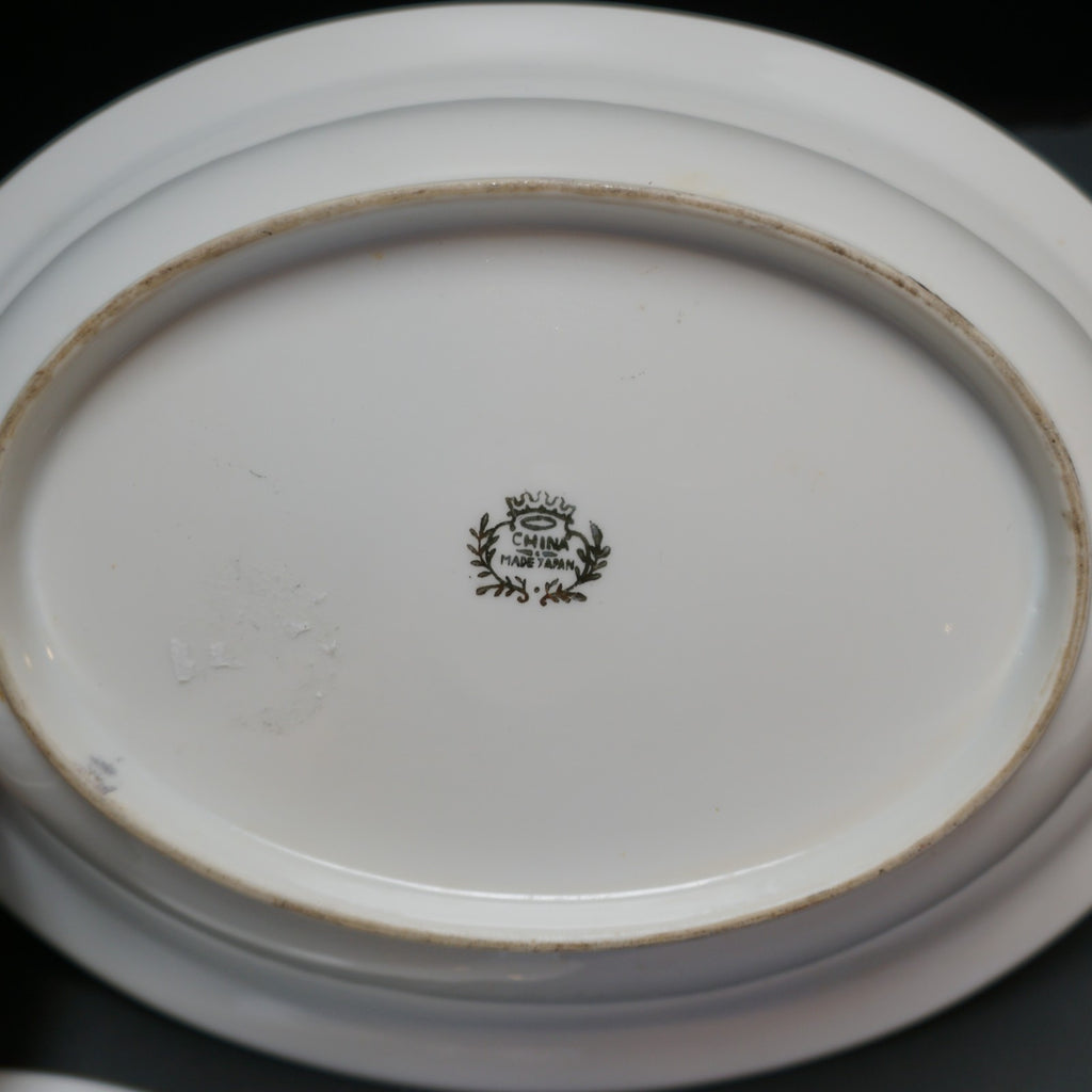 Kutani Gold on White Porcelain Oval Vegetable Bowls Pair Mt Fuji Village Scene