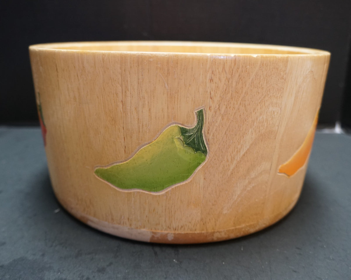 Clay Art Bamboo Salad Serving Bowl Hand Painted Carved Peppers 11 IN 2001