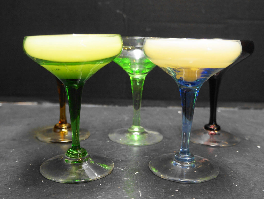 MCM Champagne Cocktail Coupe Glasses Colors Blue Green Purple Brown Set of 4