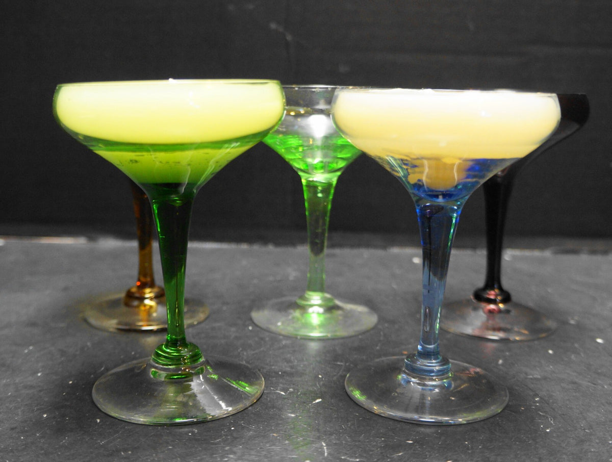 MCM Champagne Cocktail Coupe Glasses Colors Blue Green Purple Brown Set of 4