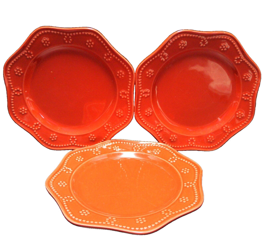 Food Network Fontinella Red Dinner Plates Set of 3 Embossed Beads Scalloped