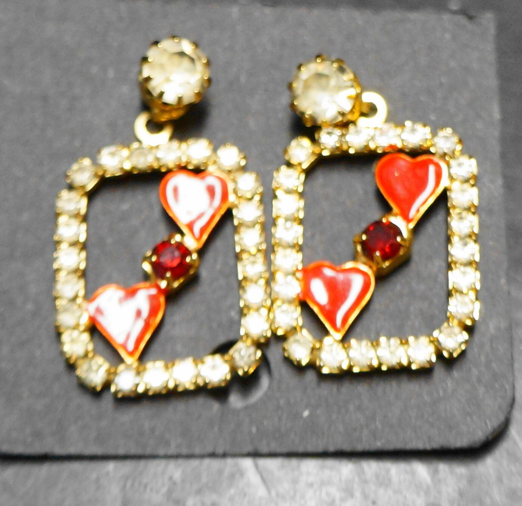 Clear Rhinestone Red Enamel 2 of Hearts Card Earrings