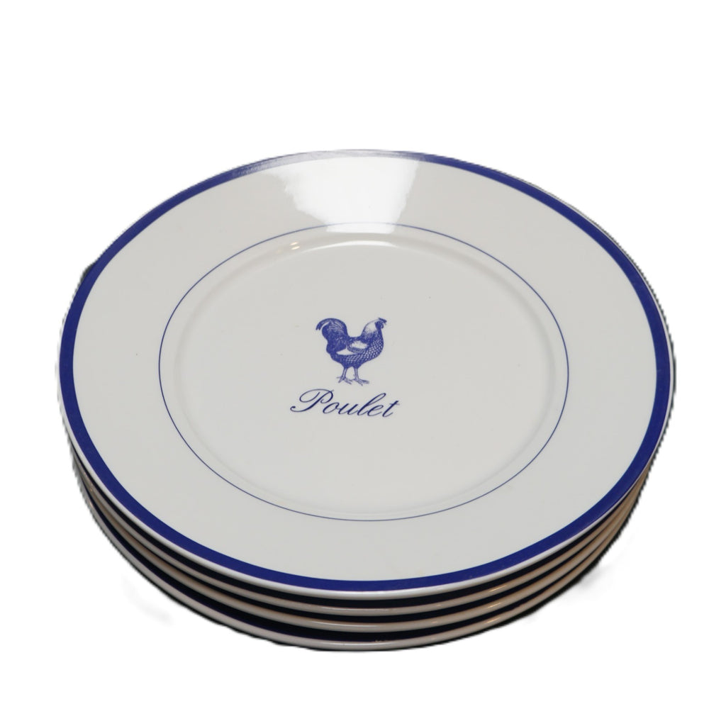 The Cellar Poulet Chicken Rooster Pattern Blue Trim Whiteware Salad Plates Set 4