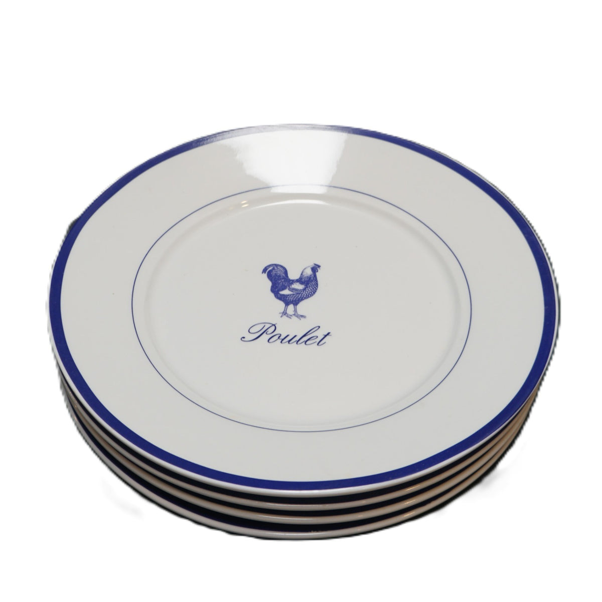 The Cellar Poulet Chicken Rooster Pattern Blue Trim Whiteware Salad Plates Set 4