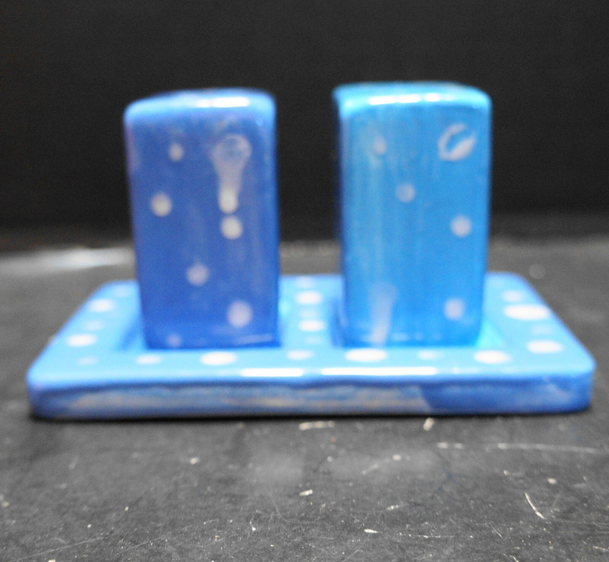 Hand Painted Blue White Dots Salt Pepper Shakers Tray Ceramic