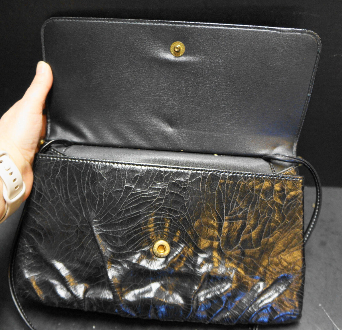 Black Crackle Leather Convertible Clutch Purse Vintage