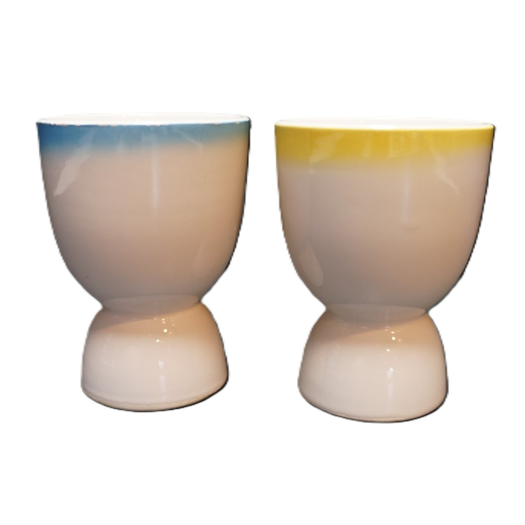 Ucagco Rooster Provincial Double Egg Cups Pair Blue Yellow Trim