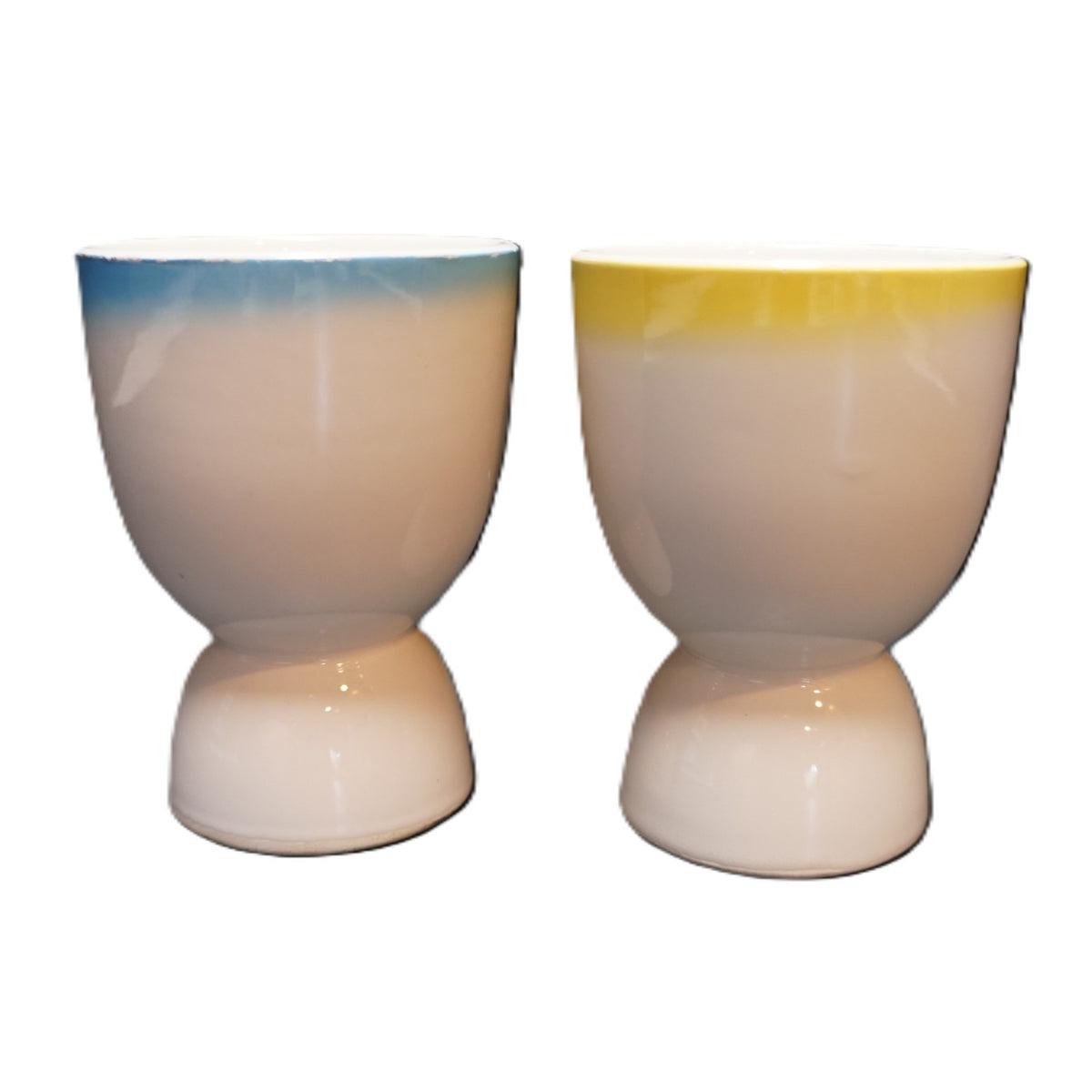 Ucagco Rooster Provincial Double Egg Cups Pair Blue Yellow Trim