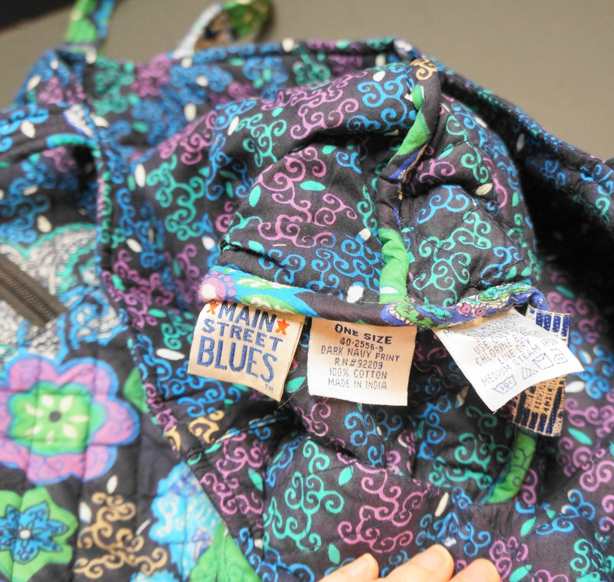 Main Street Blues Quilted Cotton Blue Purple Green Floral Print Tote Bag