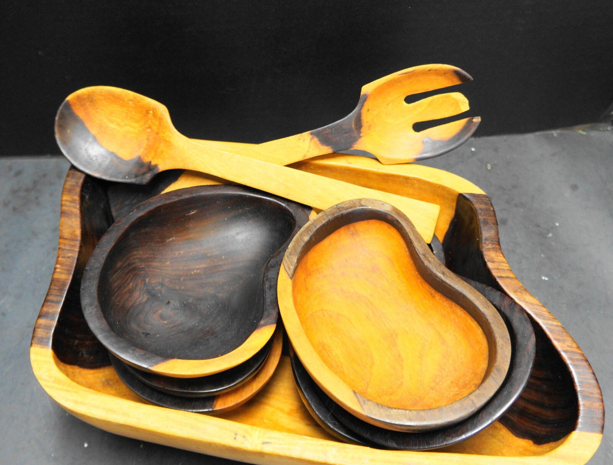 Hand Carved Blackwood Salad Set 9 Pieces Bowls Servers