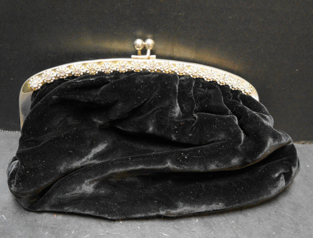 Black Velvet Clear Rhinestone Frame Clutch Purse