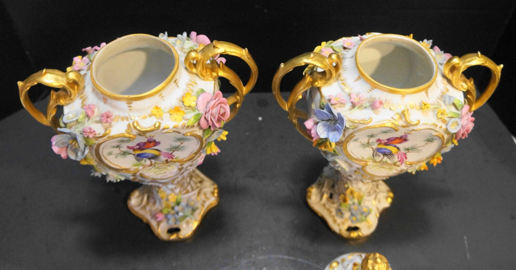 Von Schierholz Urns Pierced Applied Flowers Hand Painted Pheasants