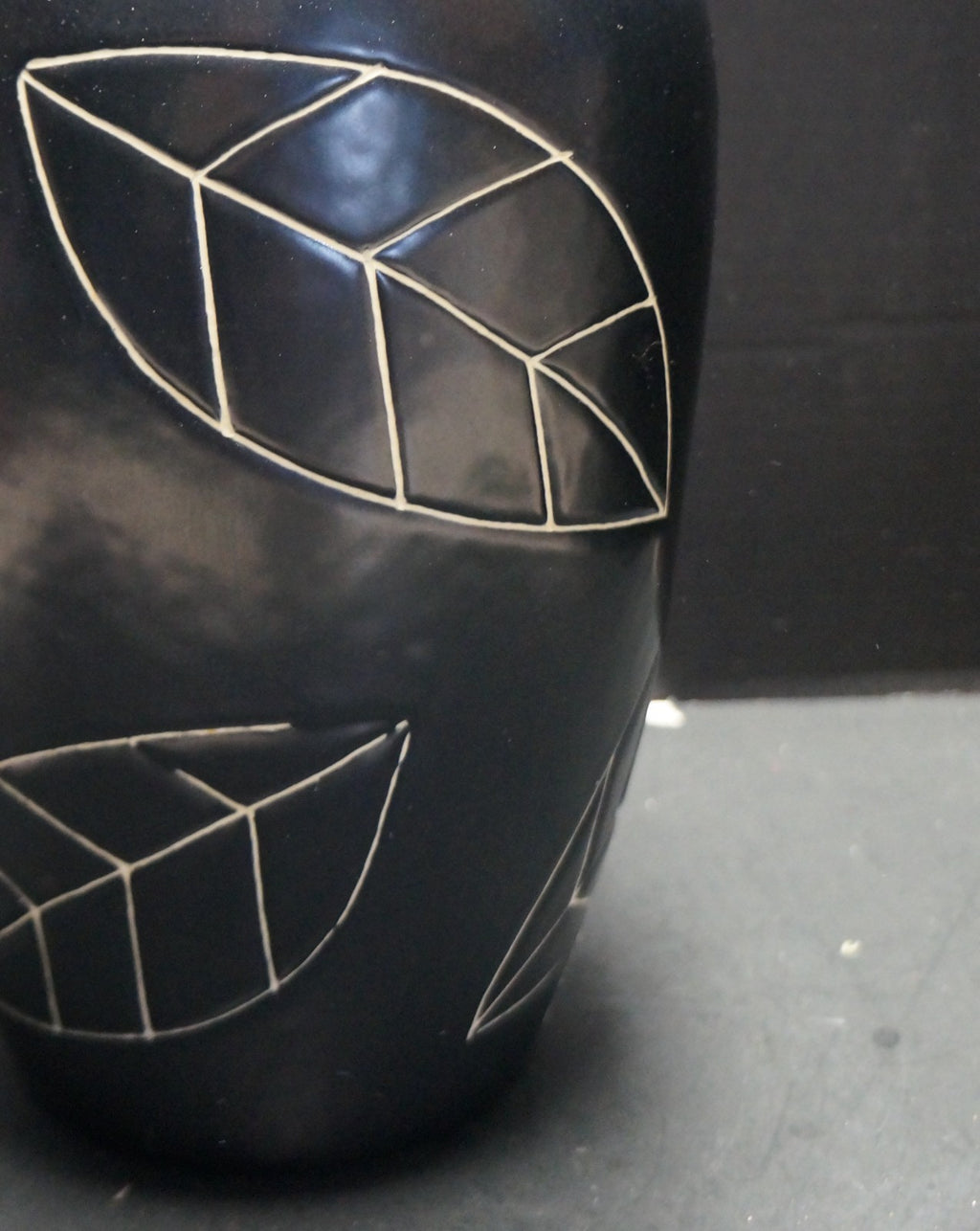 Harris Potteries Black Large 13" Table Vase Cream Incised Leaves