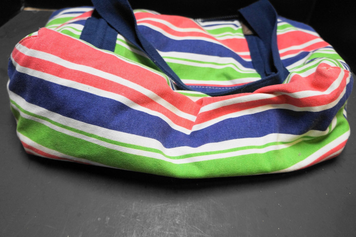 Sloane Ranger Blue Pink Green Striped Canvas Tote Zipper Top Shoulder Bag Duffel