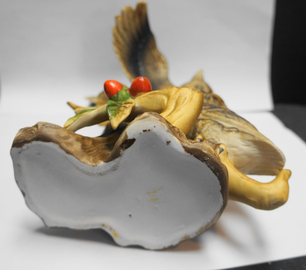 Brown Owls Porcelain Figurine Hand Painted Red Berries