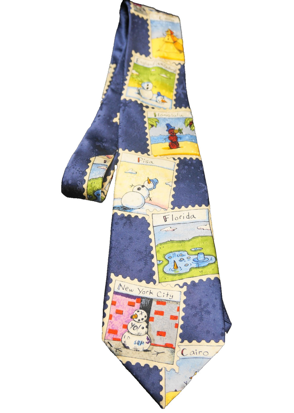 American Greetings Snowmen Around the World Stamps Navy Blue Silk Tie