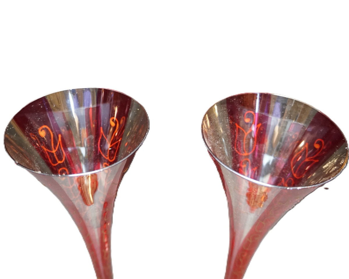 Pier 1 Rioja Hand Painted Red Flashed Gold Squiggles Champagne Flutes Pair