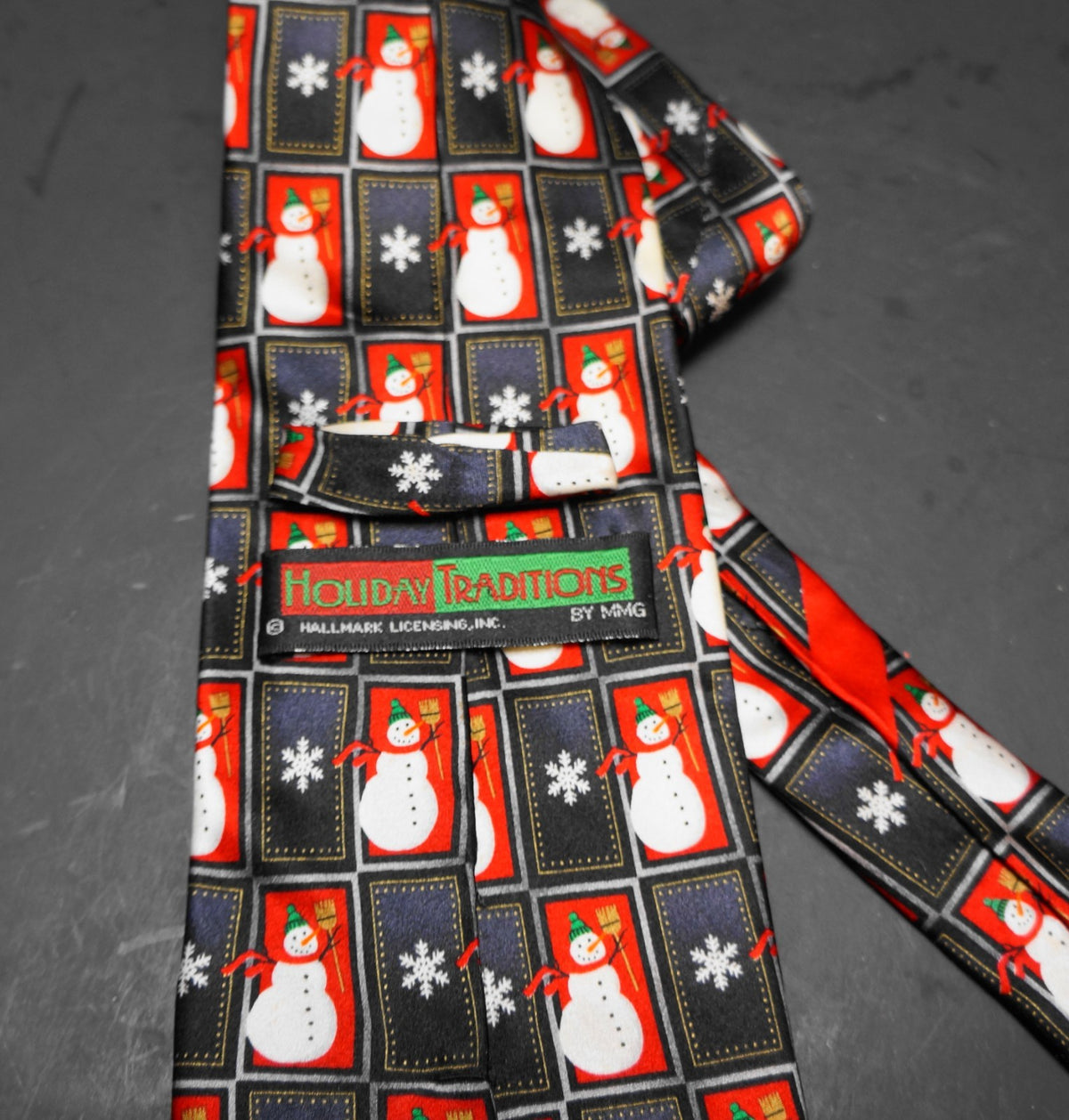 Hallmark Holiday Traditions Grey Red Snowman Color Block Silk Tie