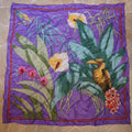 Unsigned Kalvin Klem Tropical Birds Flowers Purple Silk Scarf 1980s