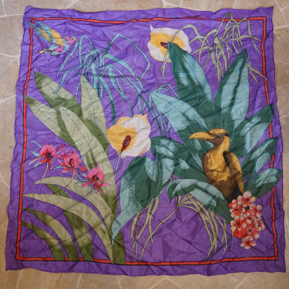 Unsigned Kalvin Klem Tropical Birds Flowers Purple Silk Scarf 1980s