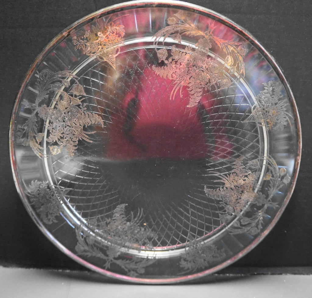 Sterling Floral Overlay Clear Glass Spiral Diamond Cake Plate