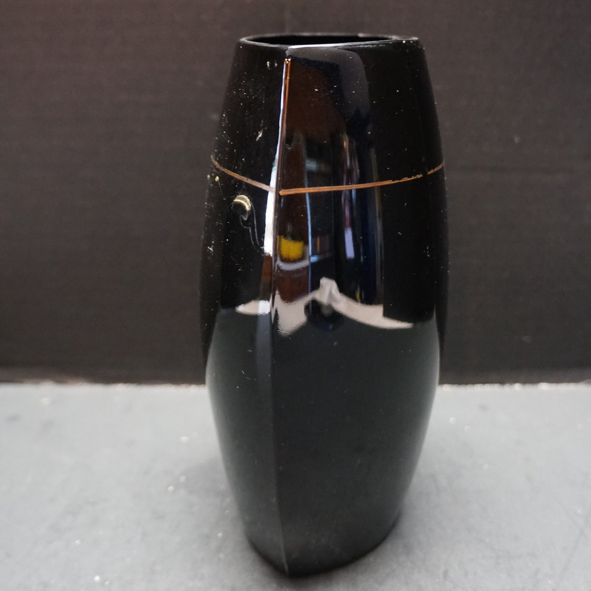 Paden City Black Ebony Glass Pillow Vase Faded Gold Decoration