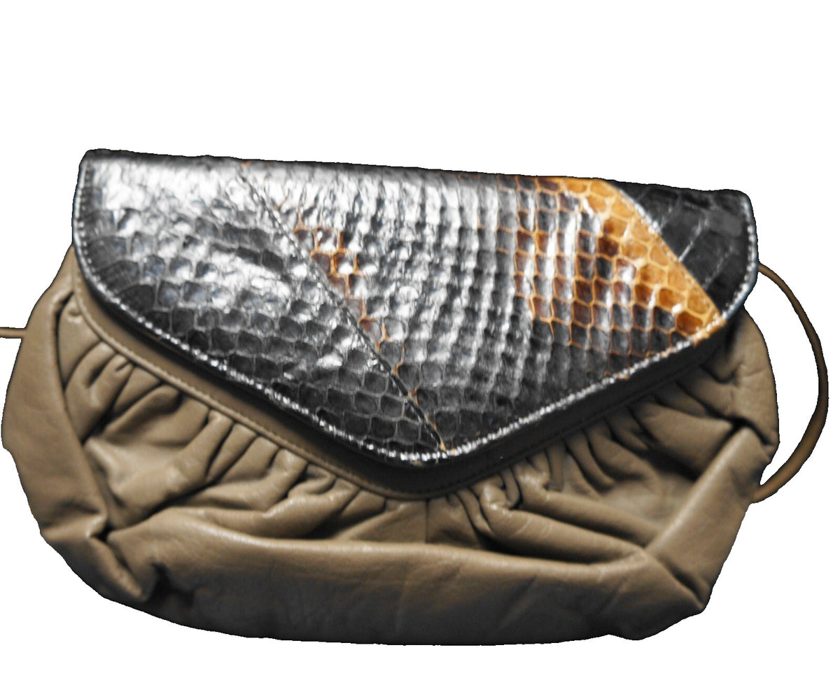 Snakeskin Flap Taupe Brown Leather Small 1980s Clutch Shoulder Bag