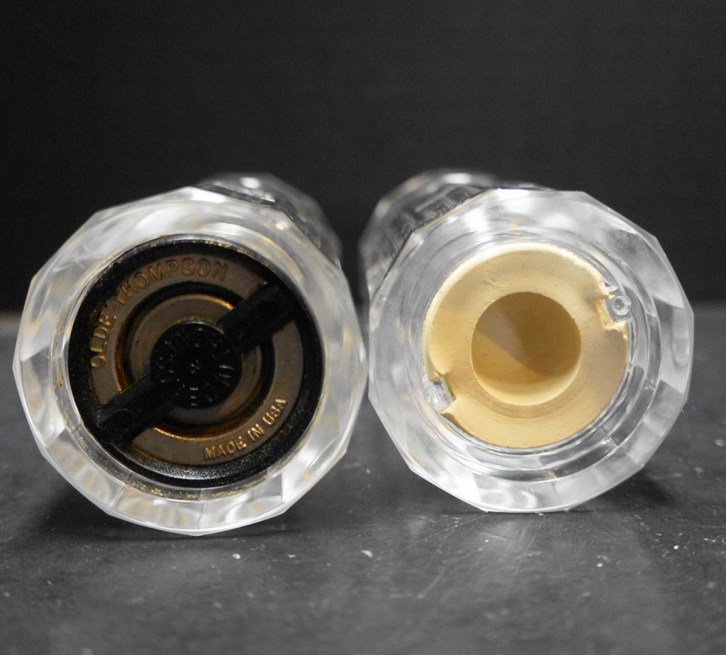 Olde Thompson Clear Lucite Acrylic Paneled Faceted Salt Shaker Pepper Grinder Pa