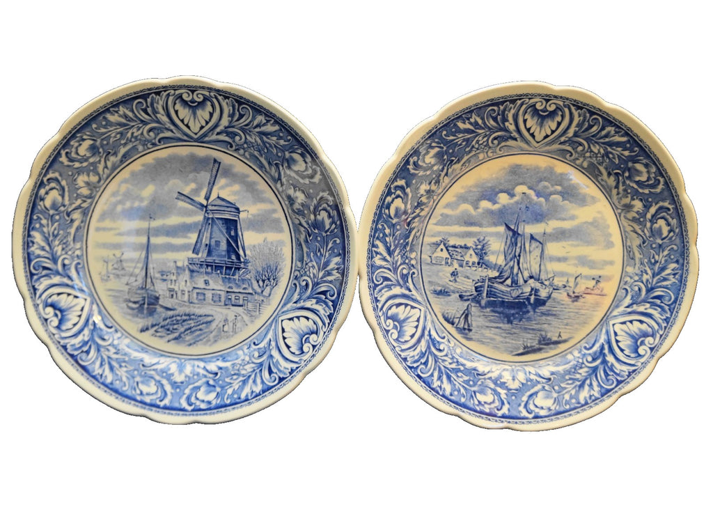 Delfts Boch Belgium Royal Sphinx Pair of Plates Windmill Ships