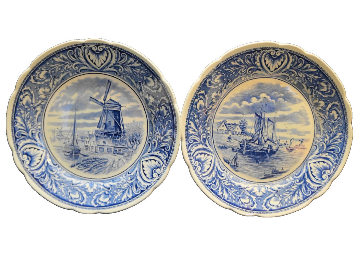 Delfts Boch Belgium Royal Sphinx Pair of Plates Windmill Ships