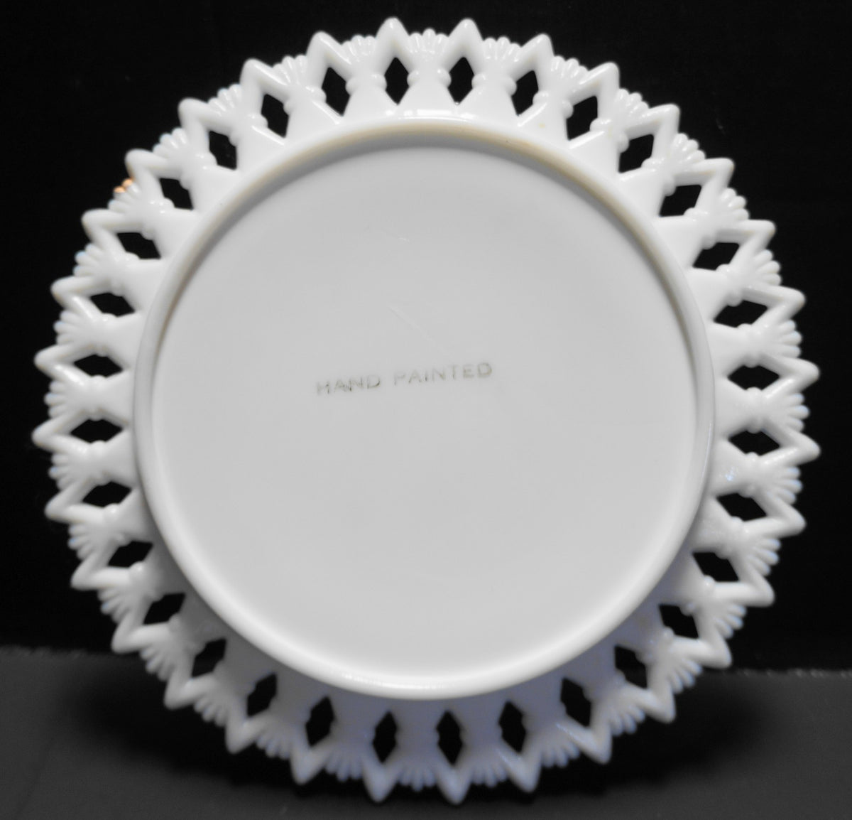 Kemple Sheat of Wheat Lace Edge White Milk Glass Plate Hand Painted Rose
