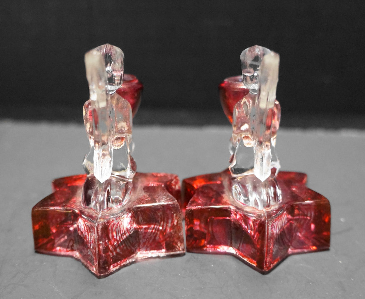 LE Smith Small Angel Candle Holders Star Base Crystal Ruby Flashed Pair