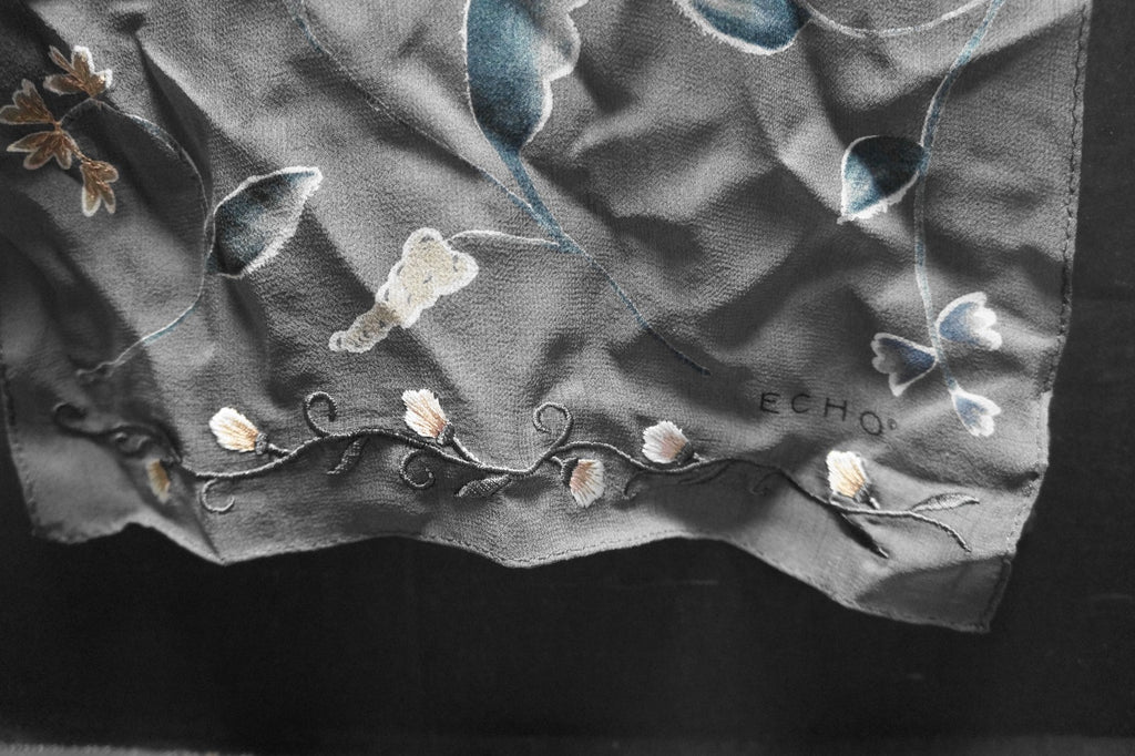 Echo Silk Scarf Gray Chiffon Floral Oblong Embroidered Flowers