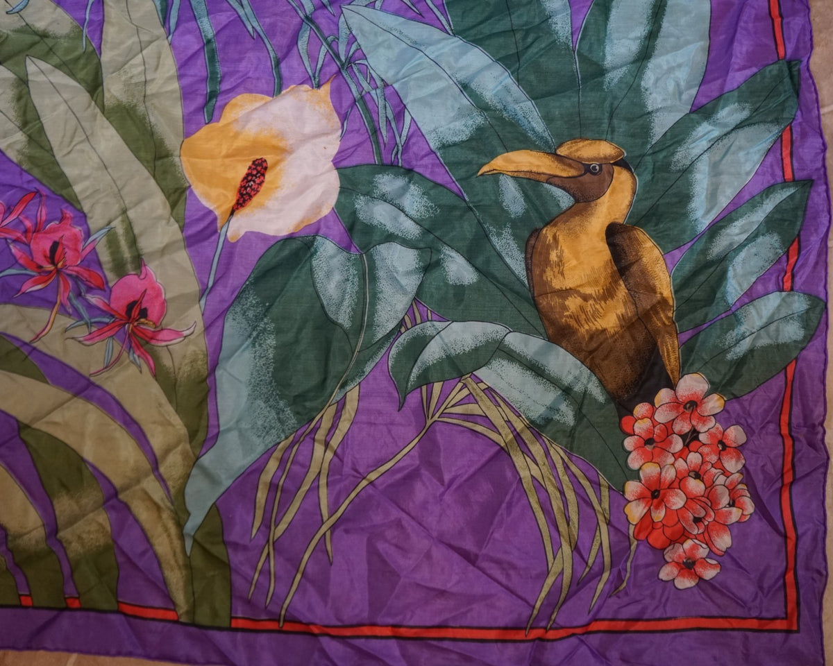Unsigned Kalvin Klem Tropical Birds Flowers Purple Silk Scarf 1980s