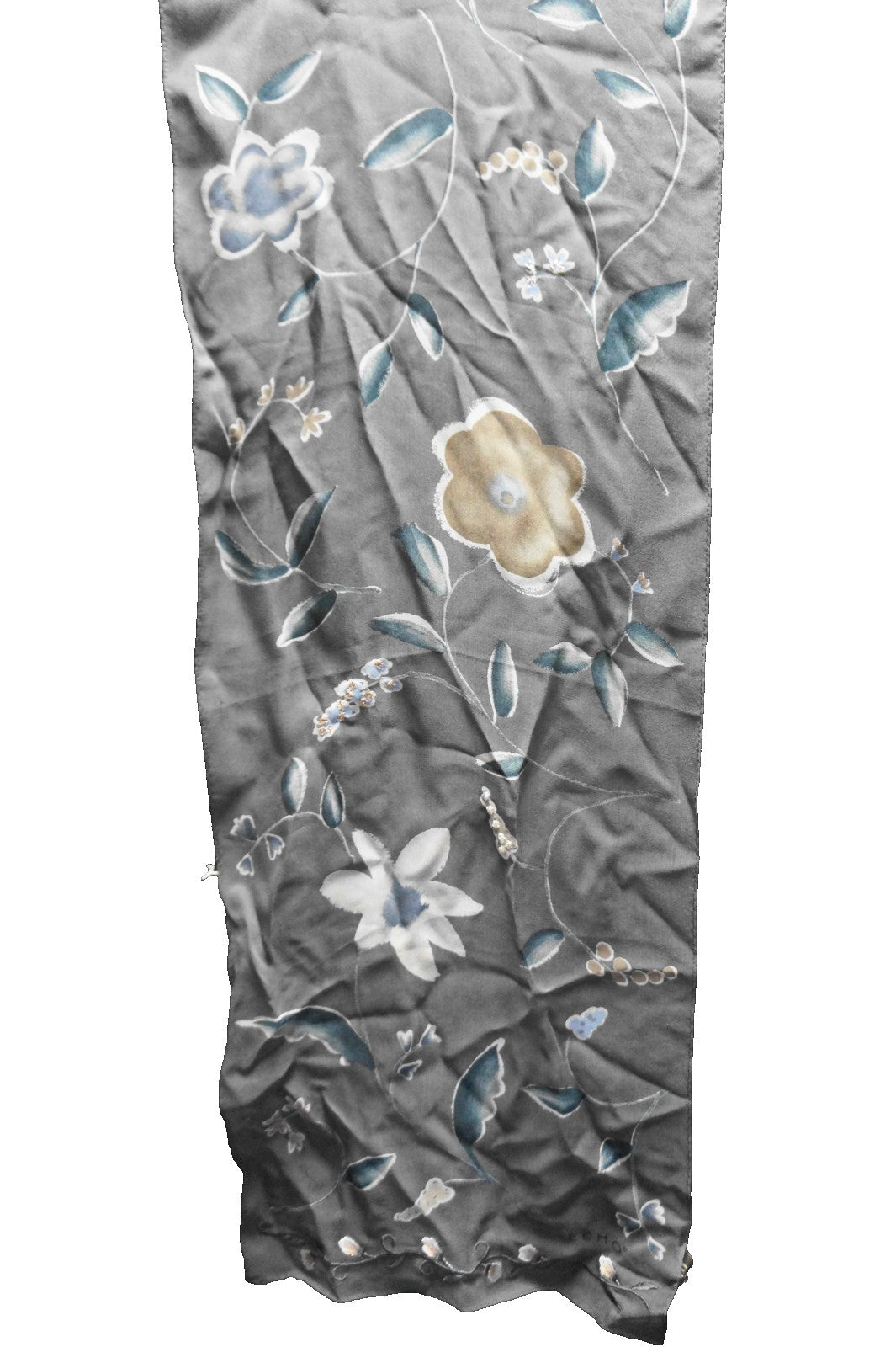 Echo Silk Scarf Gray Chiffon Floral Oblong Embroidered Flowers
