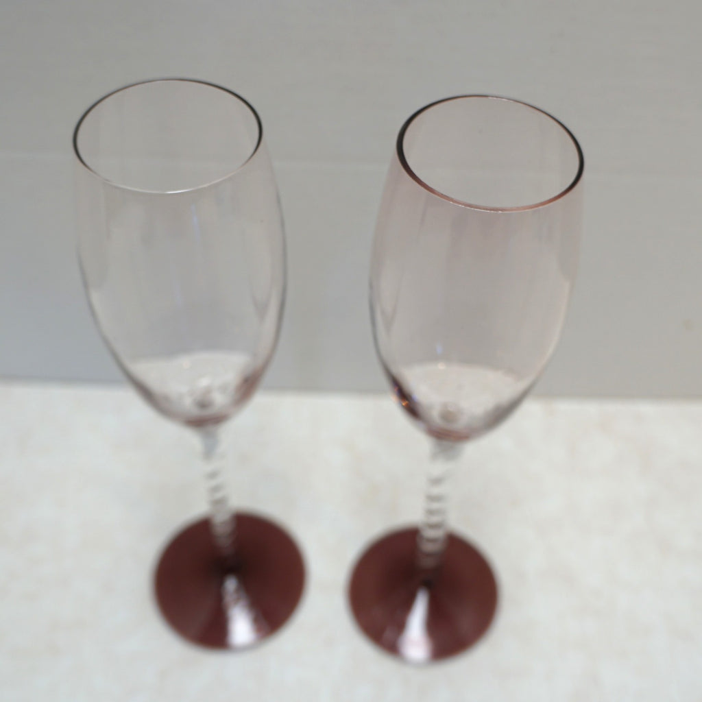 Vintage Twisted Stem Cranberry Clear Glass Champagne Flutes Pair 9 IN