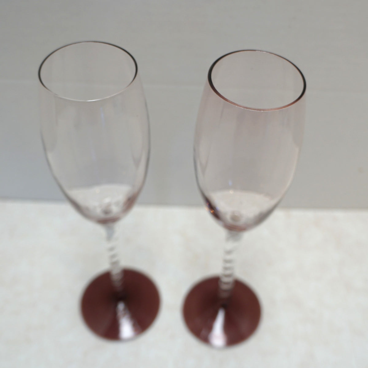Vintage Twisted Stem Cranberry Clear Glass Champagne Flutes Pair 9 IN