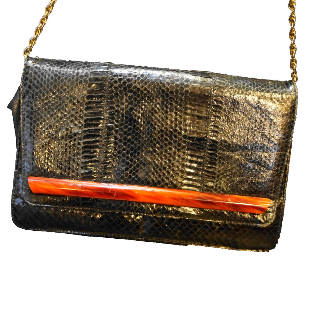 SOLD Palizzio Black Snakeskin Purse Lucite Bar Chain Strap Convertible Clutch Purse