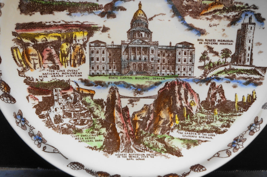 Vernon Kilns Colorado State Souvenir Plate Color Tinted California Pottery