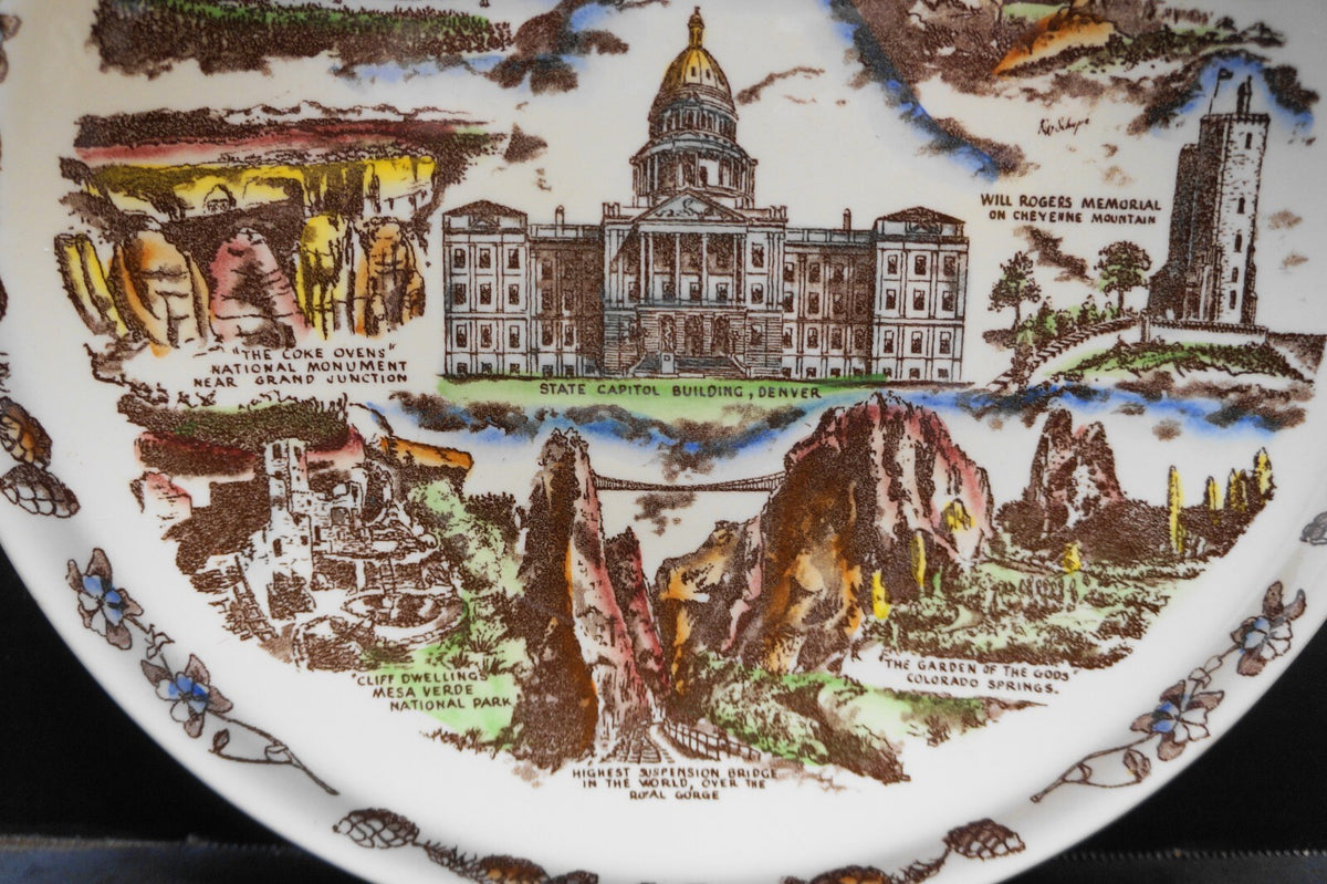 Vernon Kilns Colorado State Souvenir Plate Color Tinted California Pottery