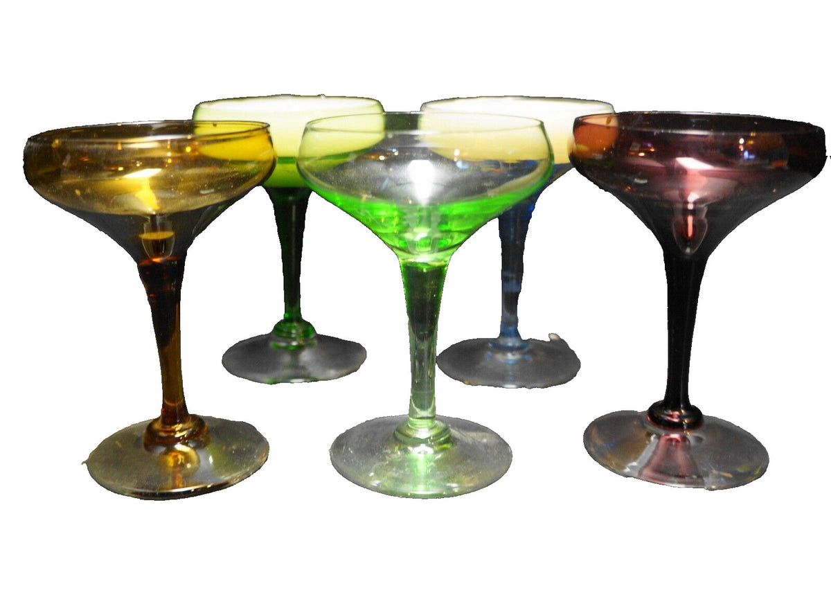 MCM Champagne Cocktail Coupe Glasses Colors Blue Green Purple Brown Set of 4