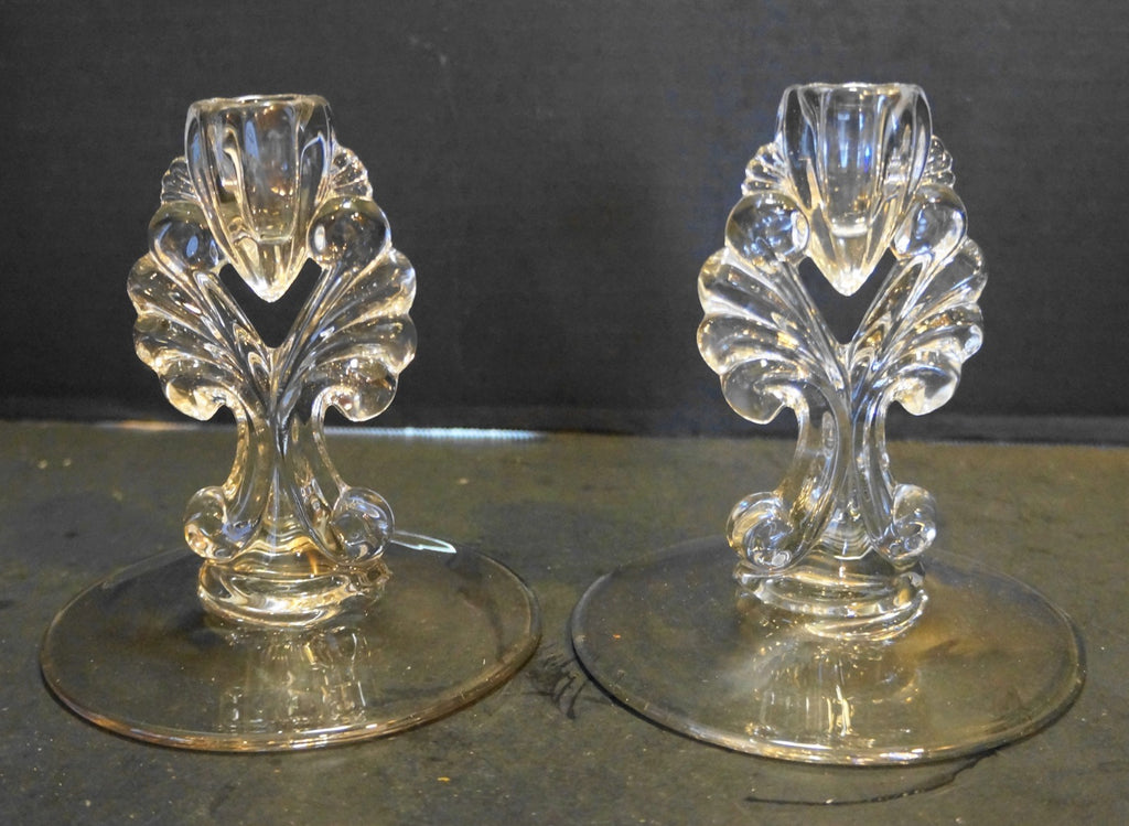 New Martinsville Janice Clear Depression Elegant Glass Candle Holders Pair