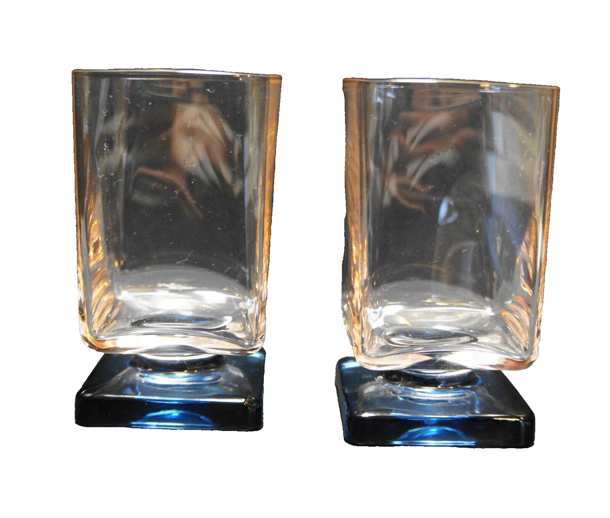Pink Glass Blue Square Foot Disaronno Amaretto Tumblers Cristal D'Arques 1970s